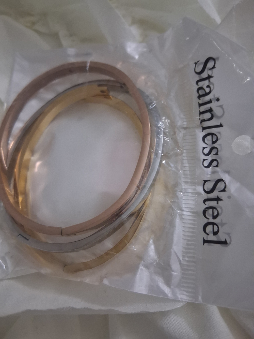 Stainless Steel Tri-Tone Bangle Set - Rose Gold, Gold & Silver